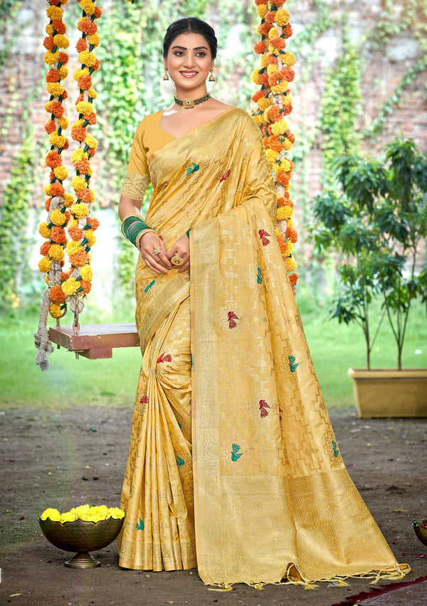 Sangam Prints Mustard Heavy Assam Silk Saree With Meena Woven Work Traditional Saree