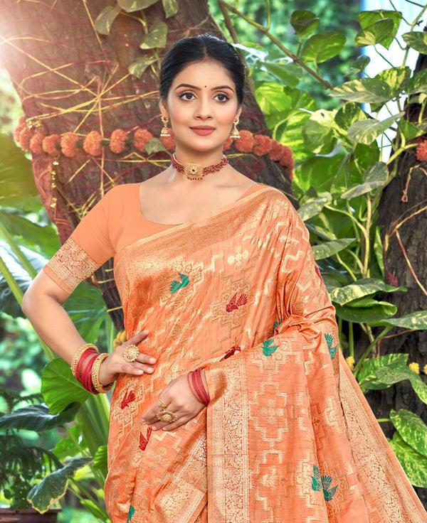 Sangam Prints Orange Heavy Assam Silk Saree With Meena Woven Work Traditional Saree