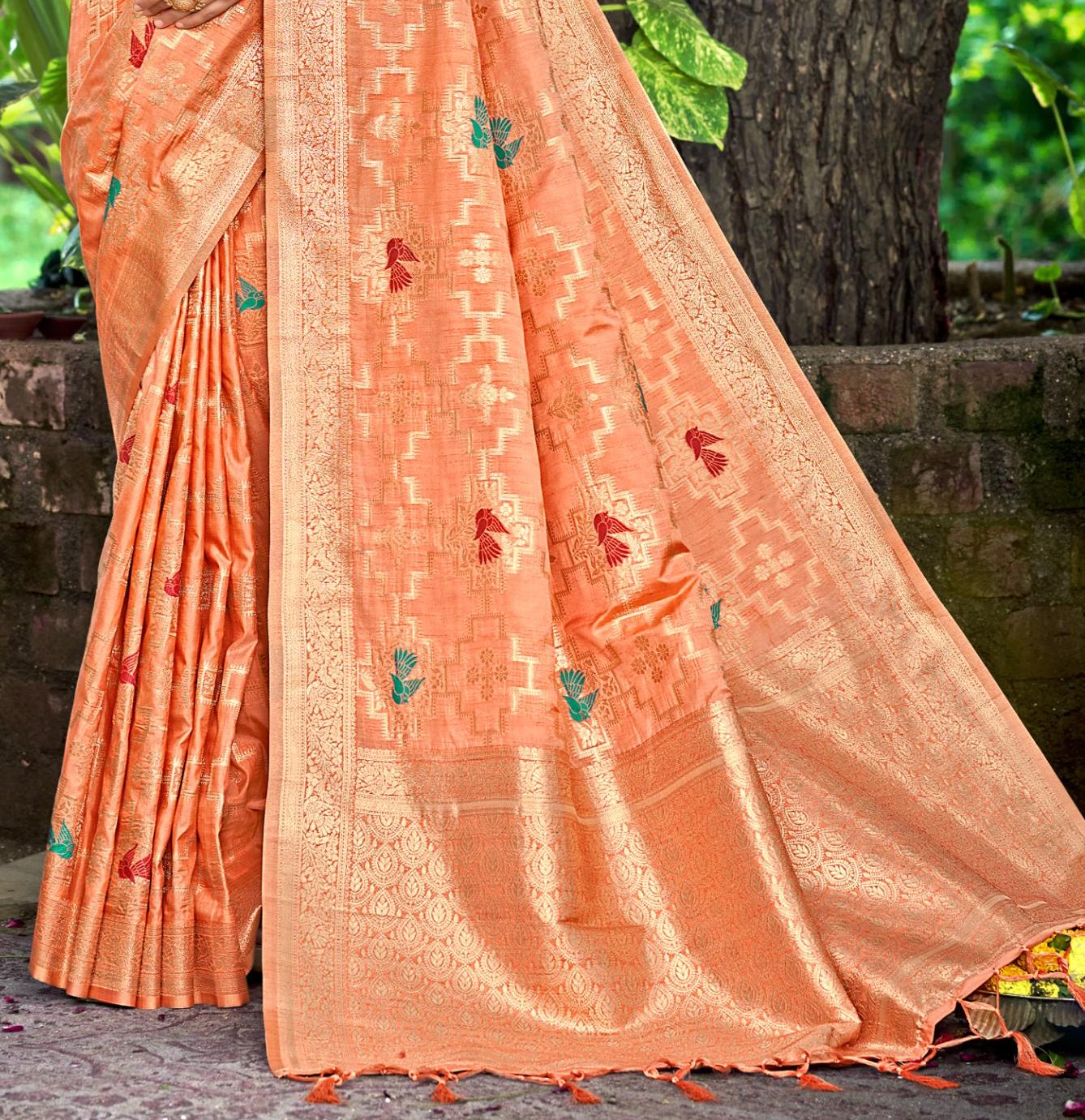 Sangam Prints Orange Heavy Assam Silk Saree With Meena Woven Work Traditional Saree