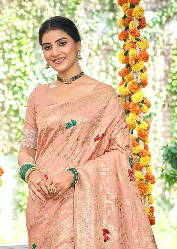 Sangam Prints Peach Heavy Assam Silk Saree With Meena Woven Work Traditional Saree