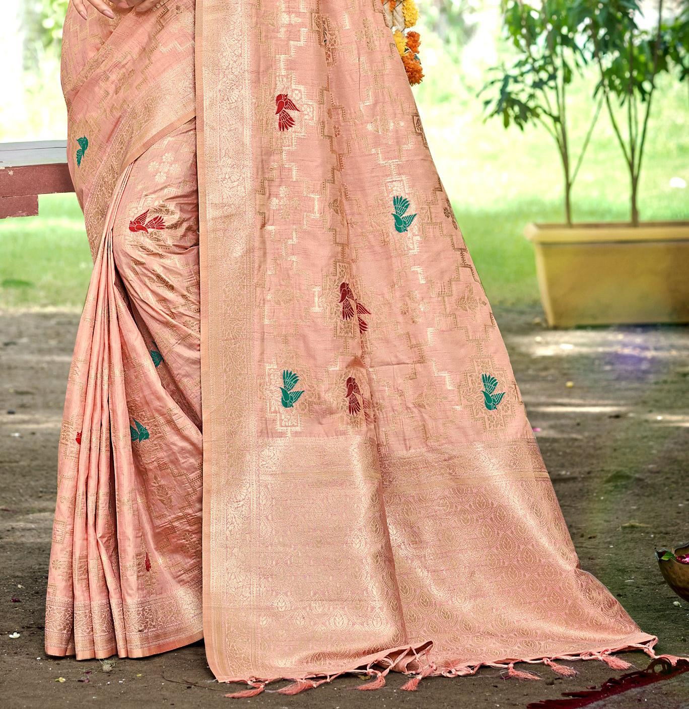 Sangam Prints Peach Heavy Assam Silk Saree With Meena Woven Work Traditional Saree