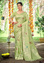 Thumbnail for Sangam Prints Lite Green Heavy Assam Silk Saree With Meena Woven Work Traditional Saree