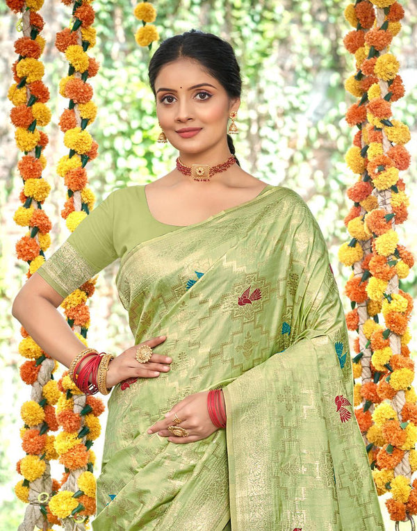 Sangam Prints Lite Green Heavy Assam Silk Saree With Meena Woven Work Traditional Saree