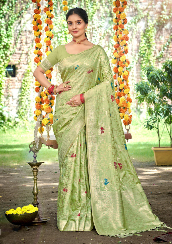 Sangam Prints Lite Green Heavy Assam Silk Saree With Meena Woven Work Traditional Saree