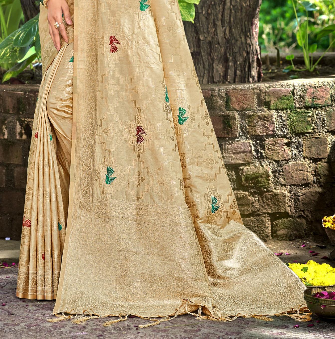 Sangam Prints Chiku Havy Assam Silk Saree With Meena Woven Work Traditional Saree