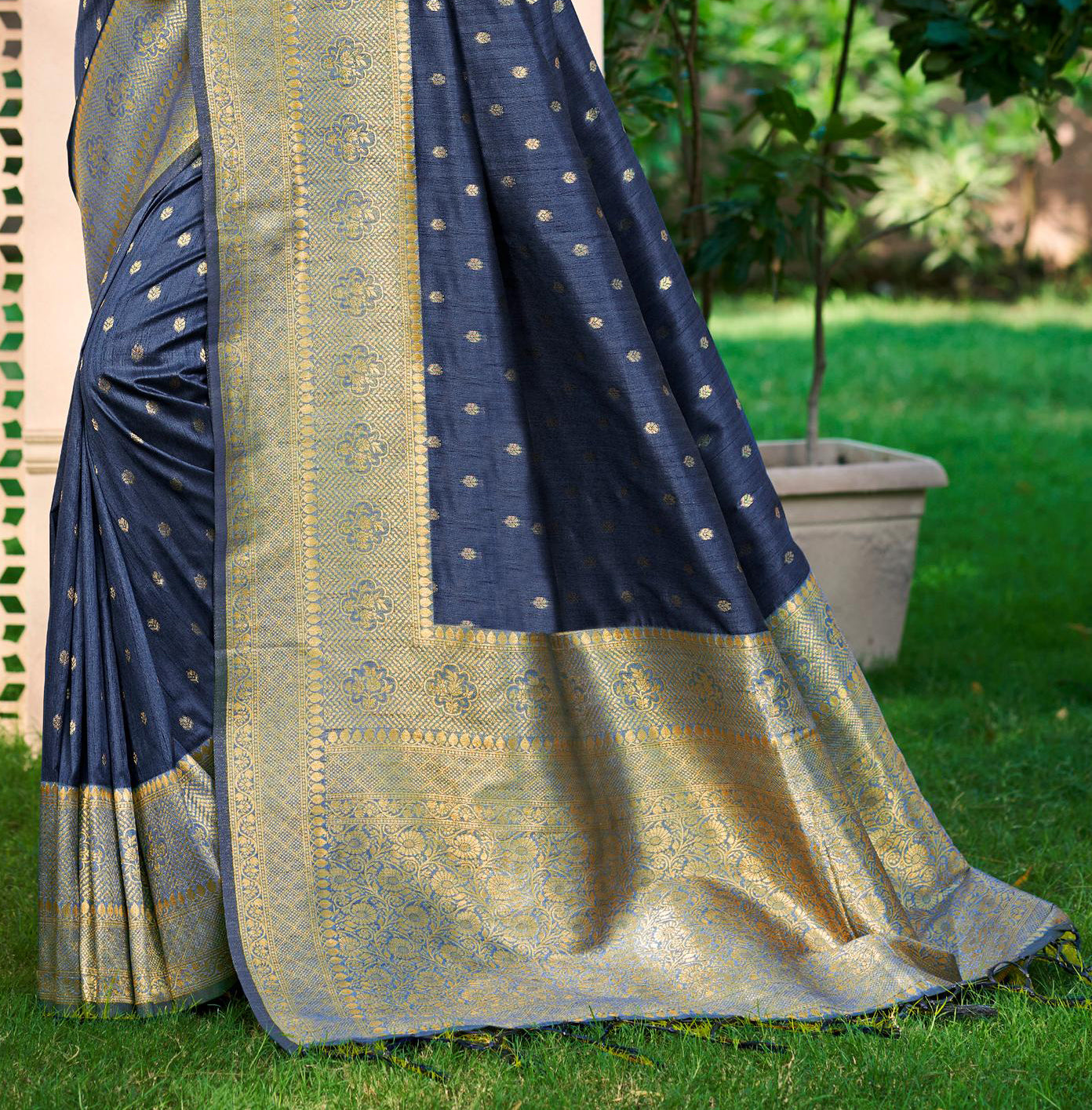 Sangam Prints Navy Blue Assam Silk Woven Work Traditional Saree