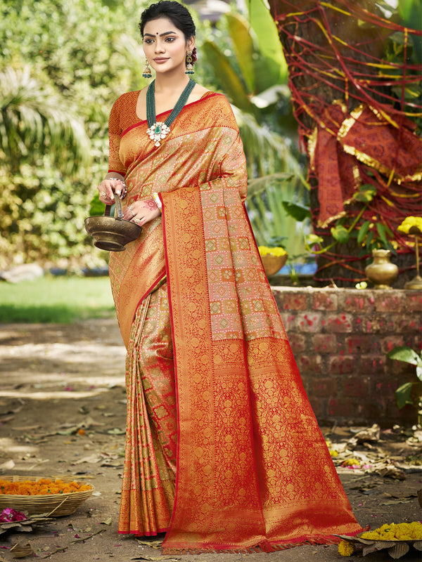 Sangam Prints Orange Silk Woven Work Traditional Saree