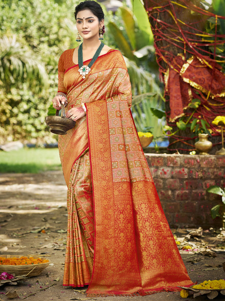 Sangam Prints Orange Silk Woven Work Traditional Saree