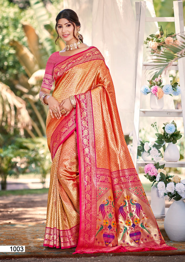 Prazu Fashion Pink And Orange Kanjivaram Silk Weaving Wedding Wear Saree
