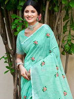 Thumbnail for Sangam Prints Sea Green Linen Woven Work Traditional Saree