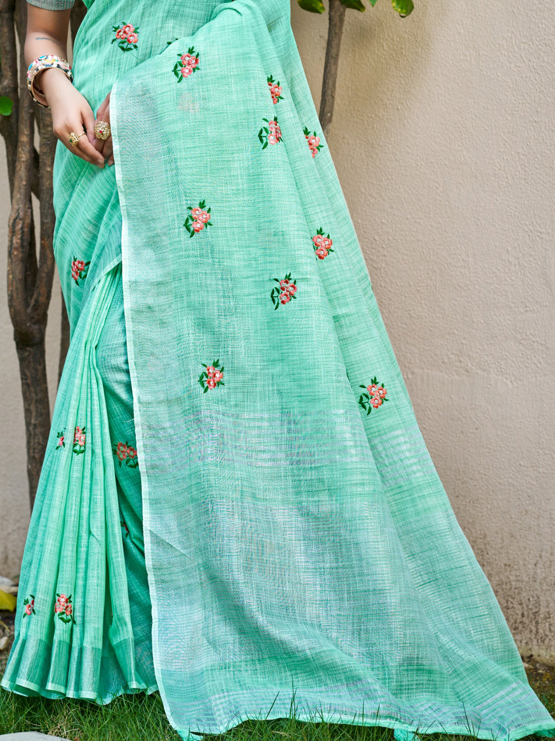 Sangam Prints Sea Green Linen Woven Work Traditional Saree
