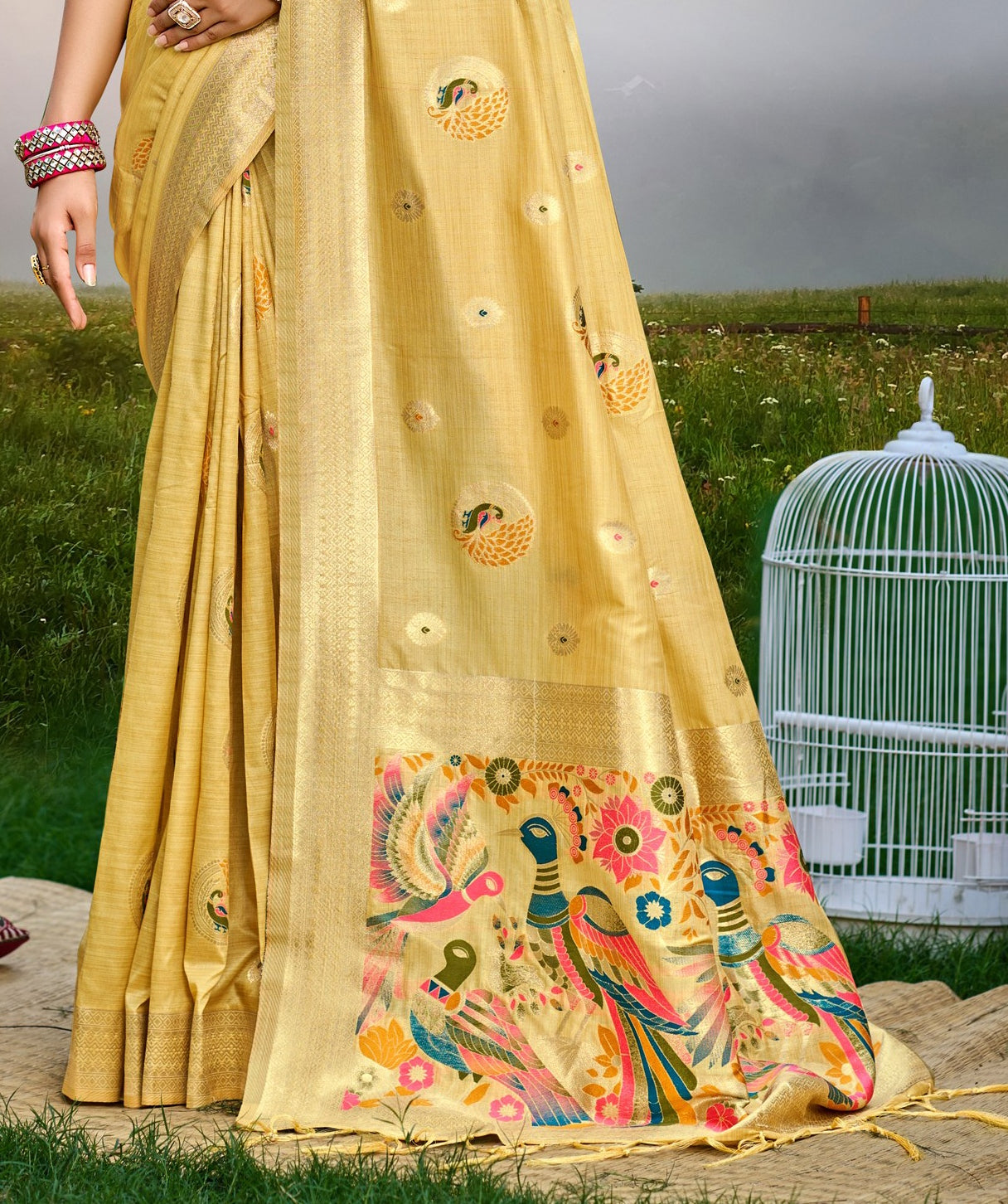 Sangam Prints Yellow Heavy Assam Silk Saree With Meena Woven Work Traditional Saree