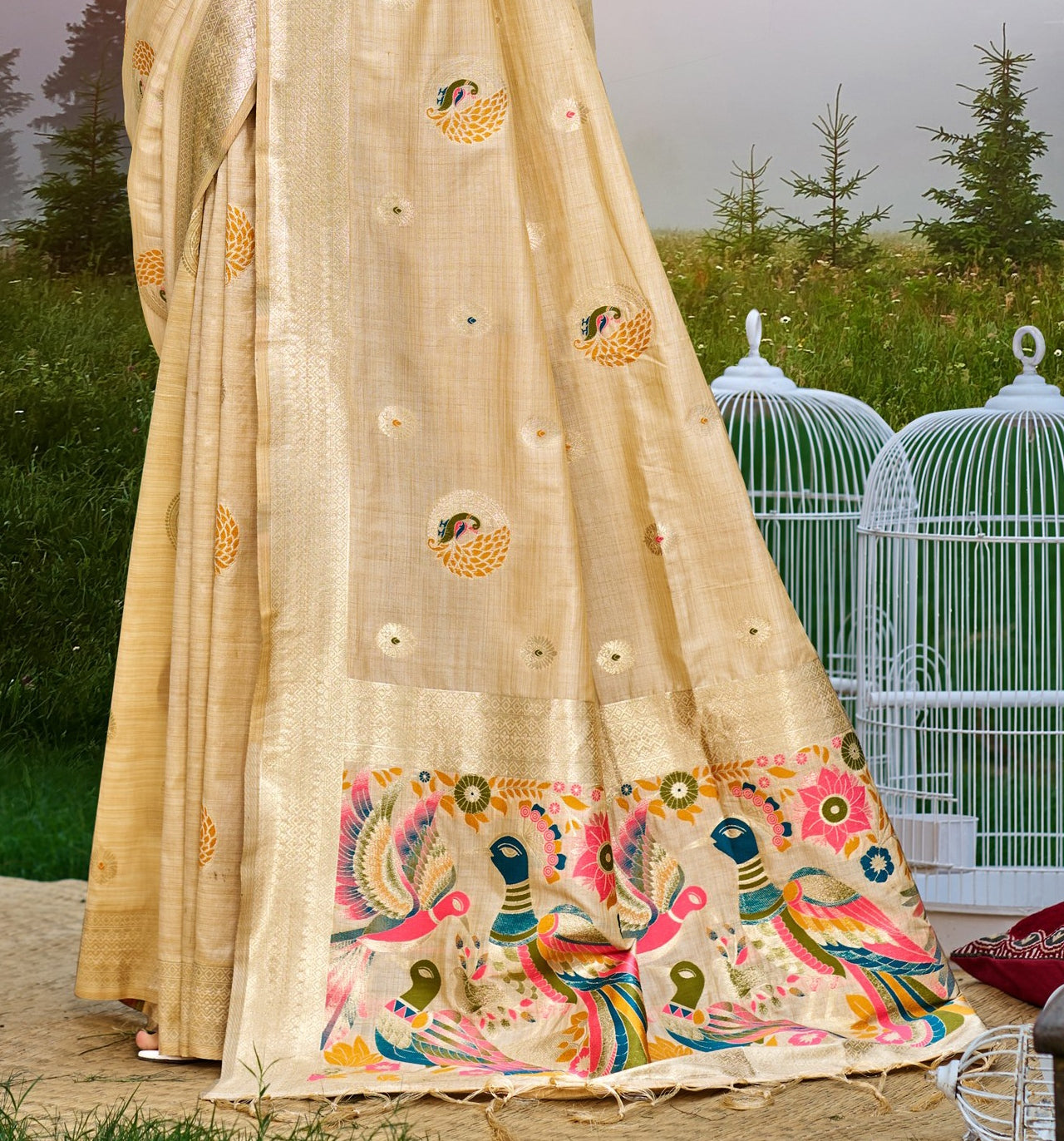Sangam Prints Cream Heavy Assam Silk Saree With Meena Woven Work Traditional Saree