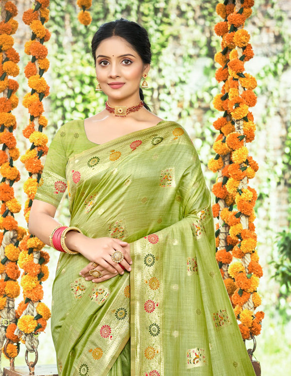 Sangam Prints Green Heavy Assam Silk Saree With Meena Woven Work Traditional Saree