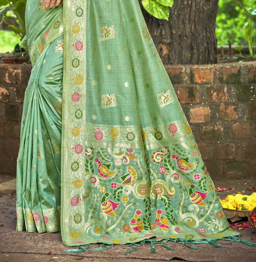 Sangam Prints Sea Green Heavy Assam Silk Saree With Meena Woven Work Traditional Saree