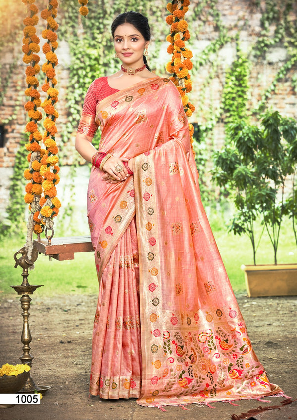 Prazu Fashion Peach Assam Silk Weaving Wedding Wear Saree