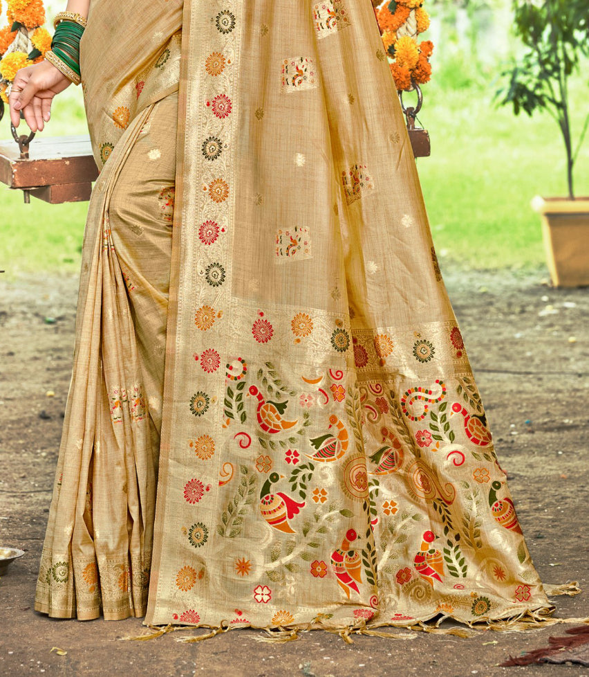 Sangam Prints Chiku Havy Assam Silk Saree With Meena Woven Work Traditional Saree