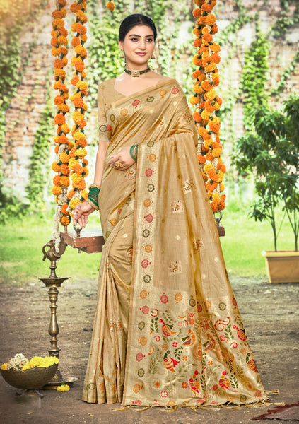 Sangam Prints Chiku Havy Assam Silk Saree With Meena Woven Work Traditional Saree