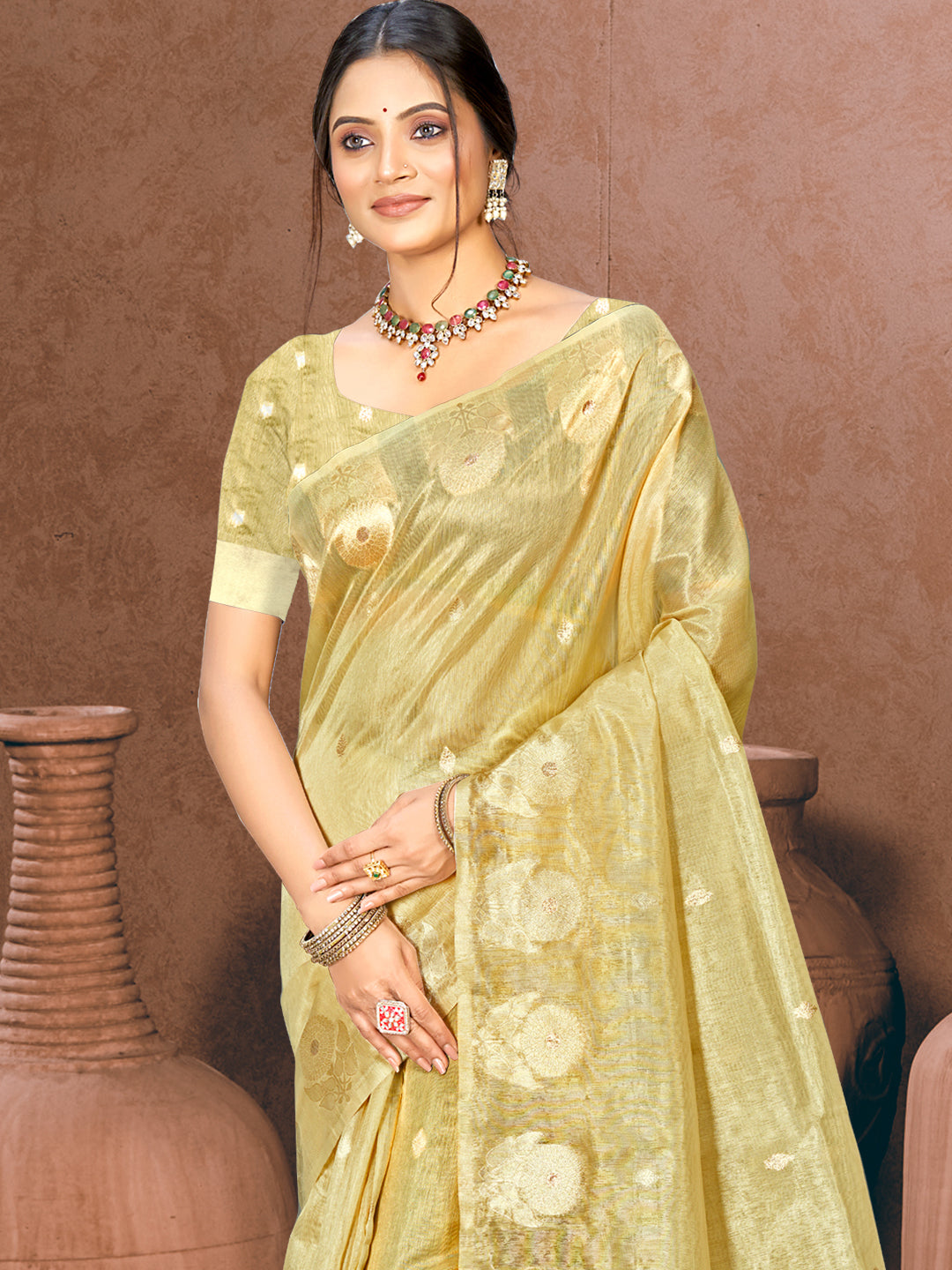 Sangam Prints Golden Munga Kota Woven Work Traditional Saree