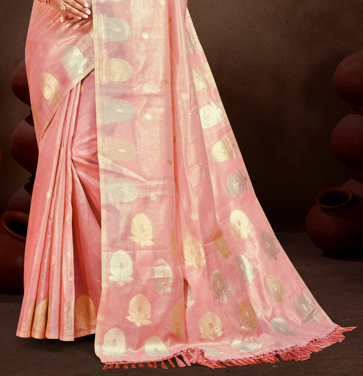 Sangam Prints Peach Munga Kota Woven Work Traditional Saree