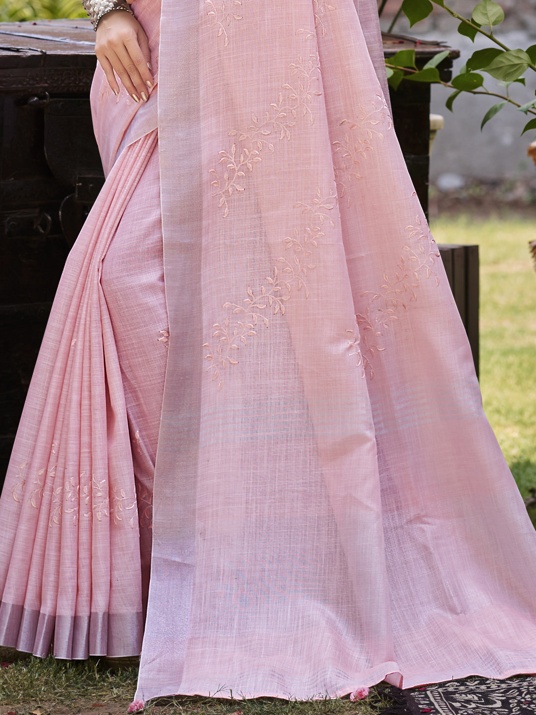 Sangam Prints Pink Linen Woven Work Traditional Saree