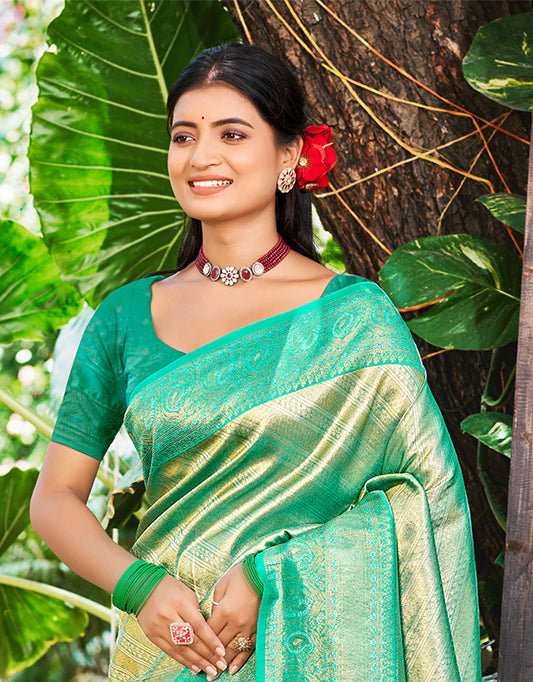 Sangam Prints Sea Green Kanjivaram Silk Woven Work Traditional Saree