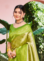 Thumbnail for Sangam Prints Green And Gold Kanjivaram Silk Woven Work Traditional Saree