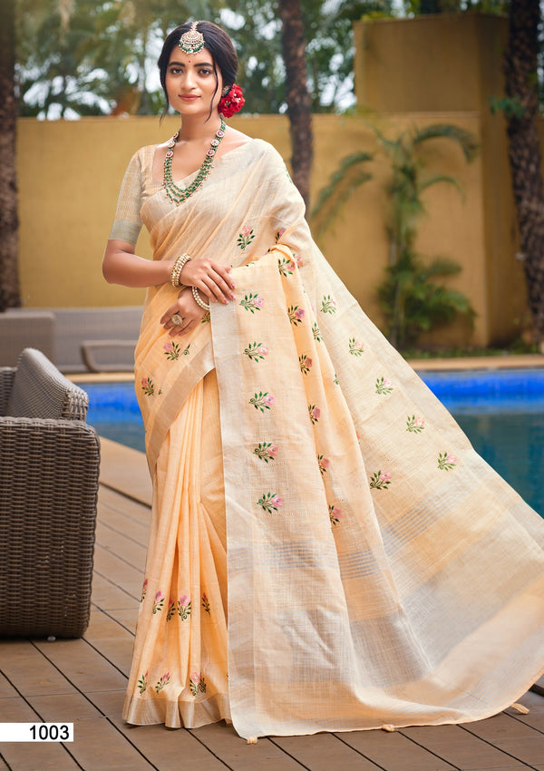 Prazu Fashion Cream Linen Cotton Weaving Wedding Wear Saree