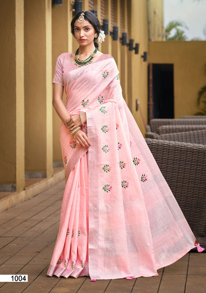 Prazu Fashion Baby Pink Linen Cotton Weaving Wedding Wear Saree