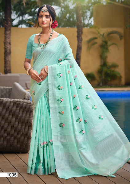 Prazu Fashion Light Sky Blue Linen Cotton Weaving Wedding Wear Saree