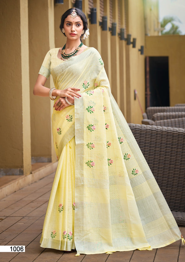 Prazu Fashion Light Yellow Linen Cotton Weaving Wedding Wear Saree