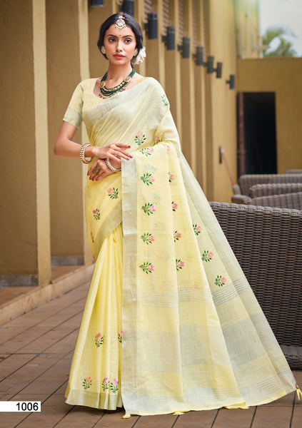 Prazu Fashion Light Yellow Linen Cotton Weaving Wedding Wear Saree