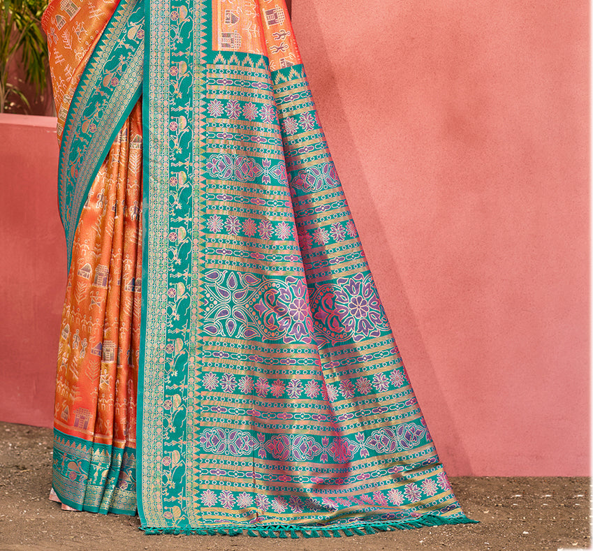 Sangam Prints Light Orange Kanjivaram Silk Woven Work Traditional Saree