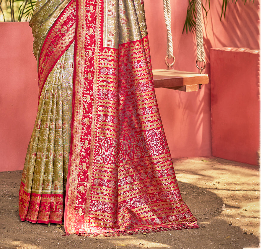 Sangam Prints Olive Green Kanjivaram Silk Woven Work Traditional Saree