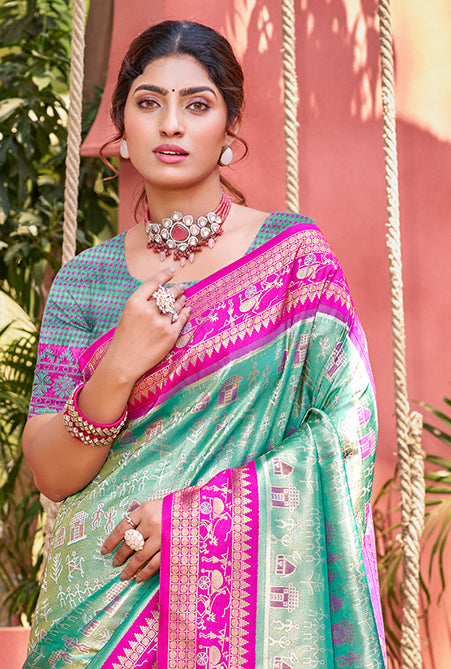 Sangam Prints Sea Green Kanjivaram Silk Woven Work Traditional Saree