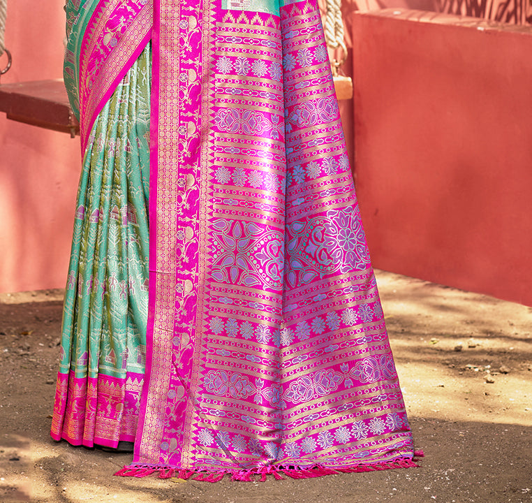 Sangam Prints Sea Green Kanjivaram Silk Woven Work Traditional Saree