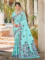 Thumbnail for Sangam Prints Turquoise Linen Woven Work Traditional Saree