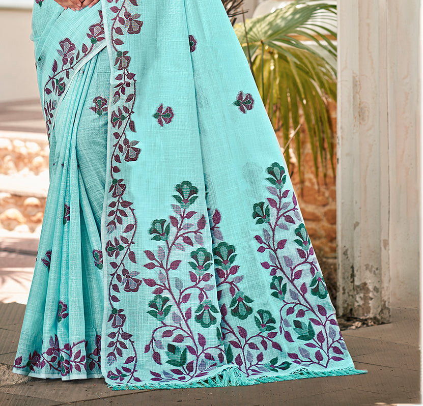 Sangam Prints Turquoise Linen Woven Work Traditional Saree