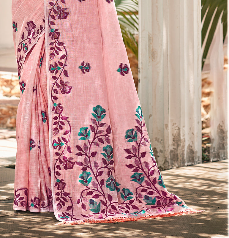 Sangam Prints Light Pink Linen Woven Work Traditional Saree