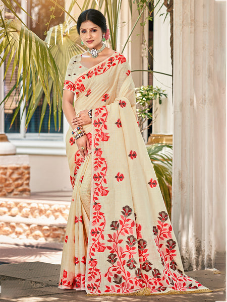 Sangam Prints Cream  Linen Woven Work Traditional Saree