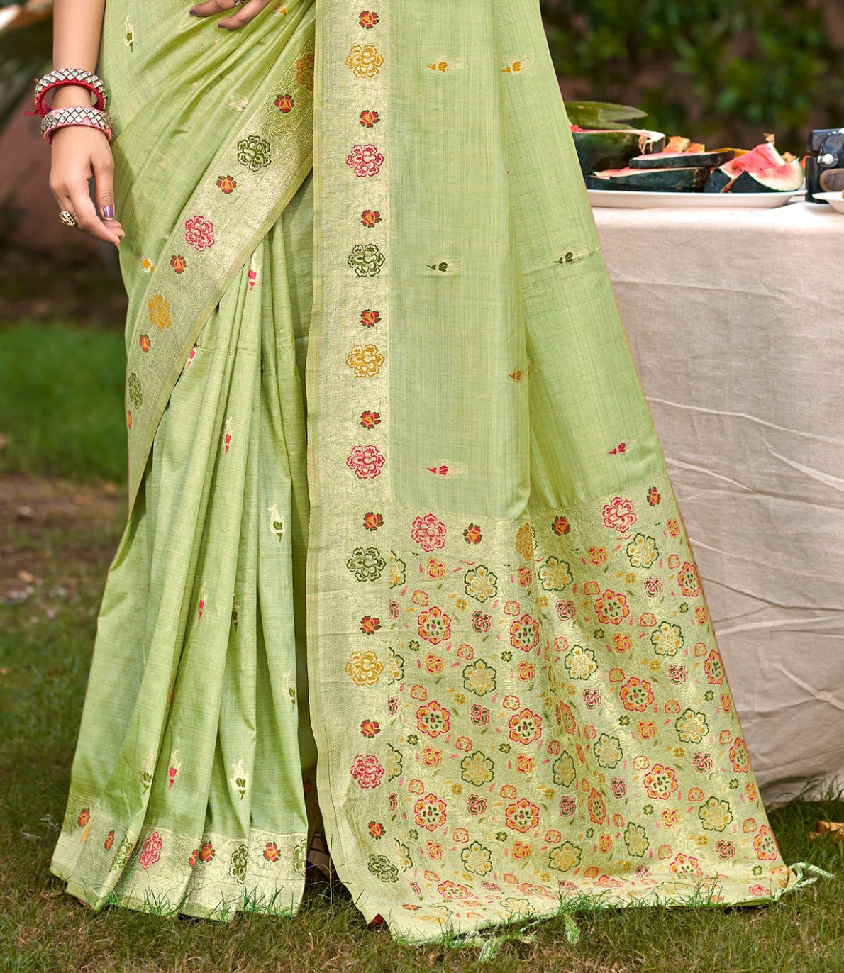 Sangam Prints Lite Green Heavy Assam Silk Saree With Meena Woven Work Traditional Saree