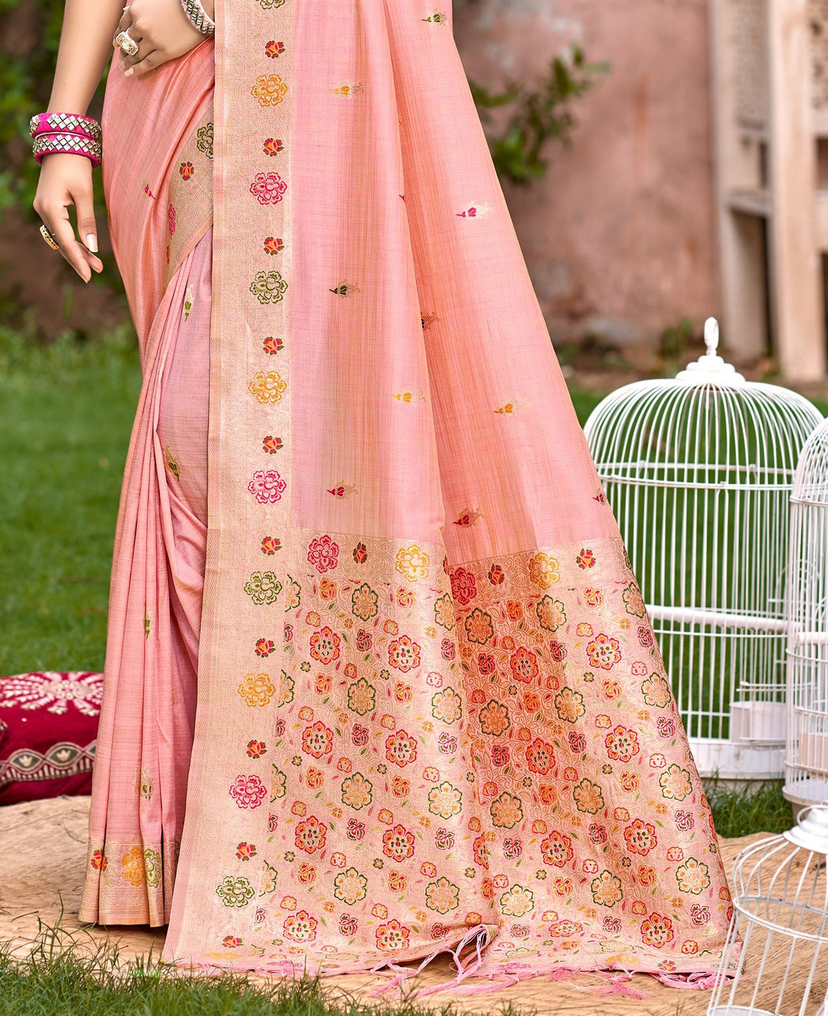Sangam Prints Peach Heavy Assam Silk Saree With Meena Woven Work Traditional Saree