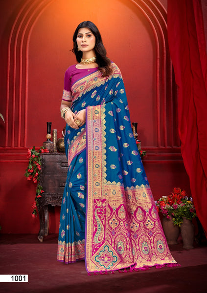 Prazu Fashion Blue Silk Weaving Wedding Wear Saree