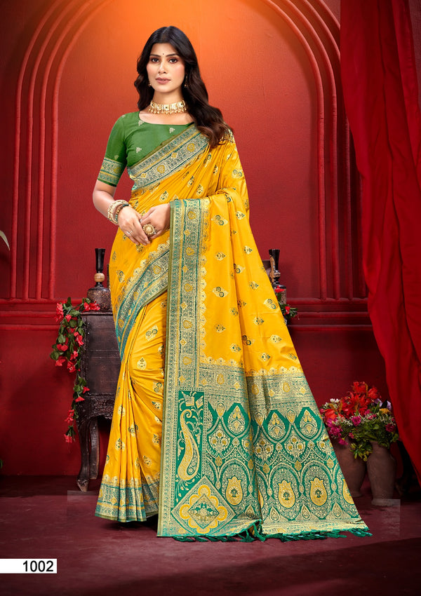 Prazu Fashion Yellow Silk Weaving Wedding Wear Saree