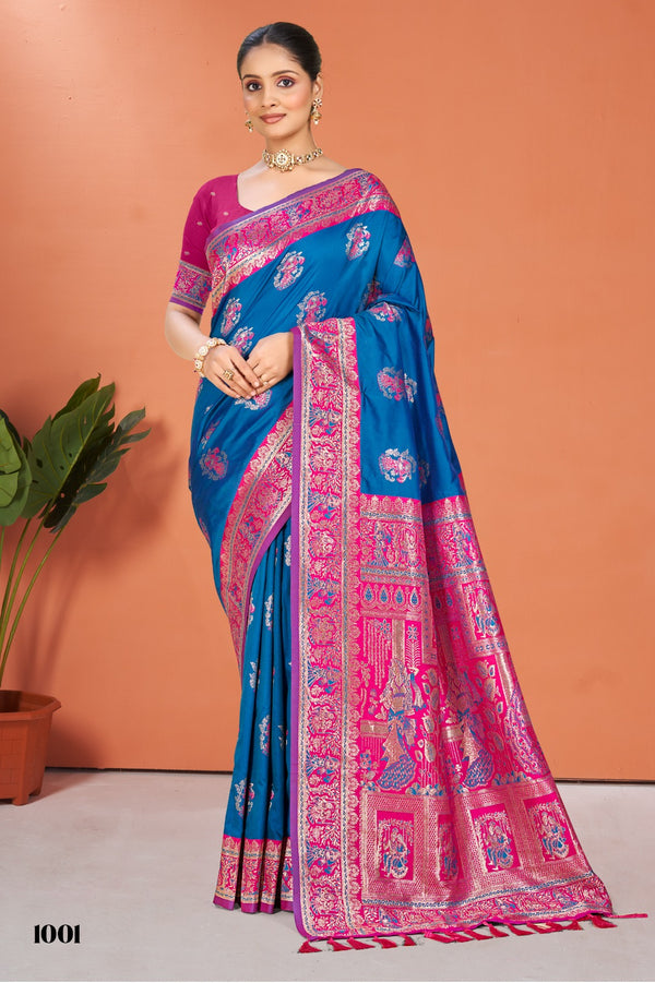 Prazu Fashion Royal Blue Silk Weaving Wedding Wear Saree