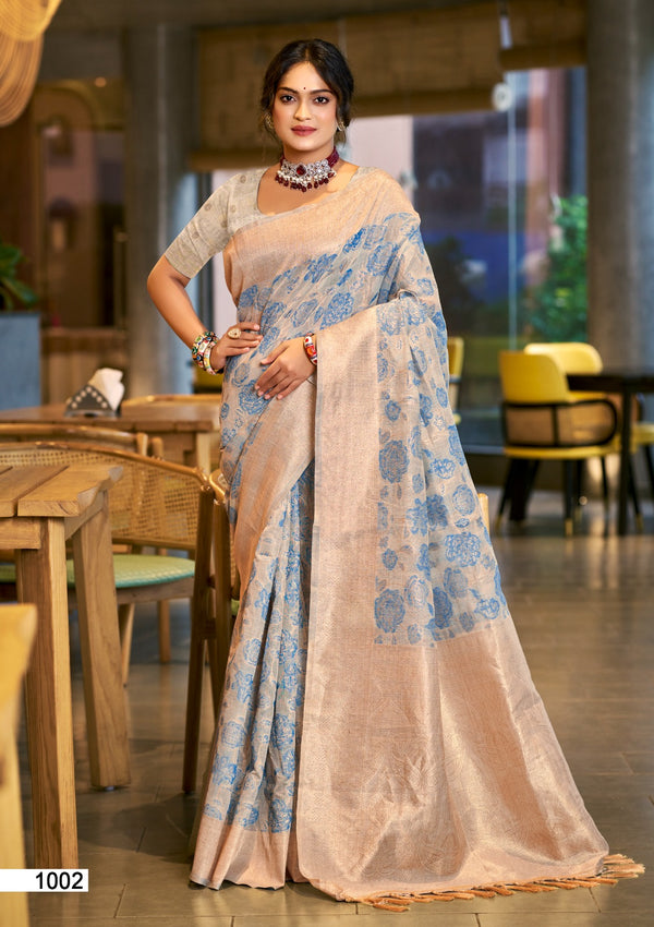 Prazu Fashion Sky Blue Cotton Silk Weaving Wedding Wear Saree