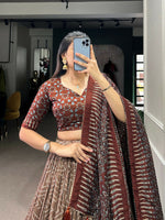 Thumbnail for Vastranavya Bandhej And Ajarakh Print Tussar Silk Lehenga Choli - Brown - Distacart