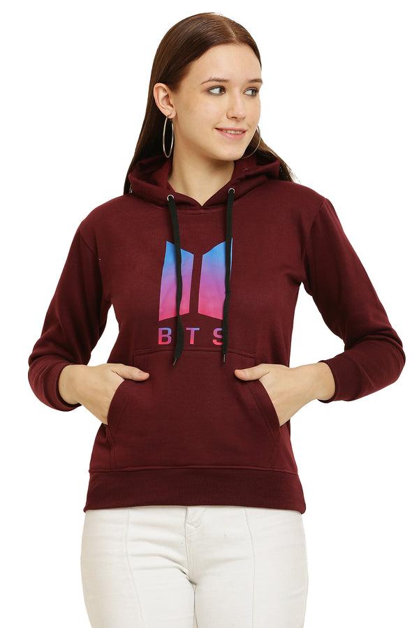 PAVONINE Maroon Color Bts-Design Pullover Hoodie Sweatshirt For Girls - Distacart