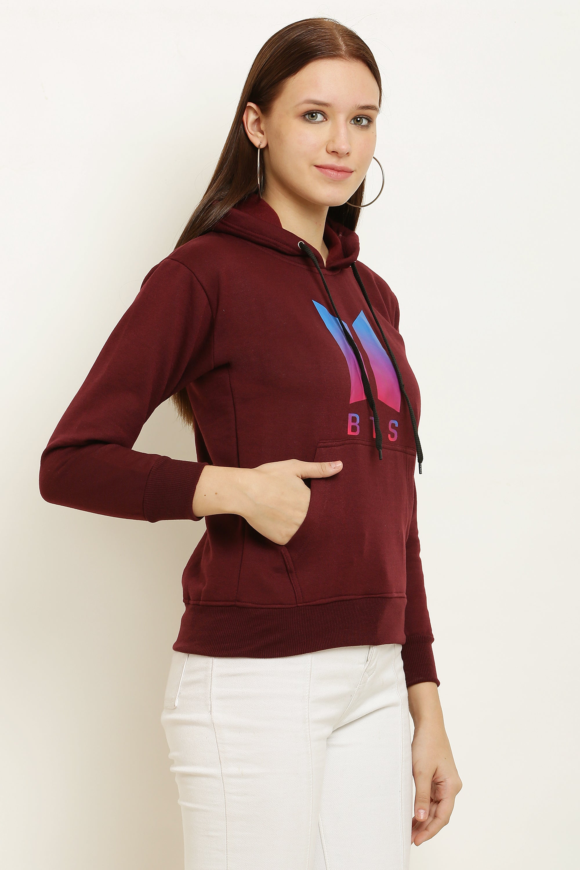 PAVONINE Maroon Color Bts-Design Pullover Hoodie Sweatshirt For Girls - Distacart