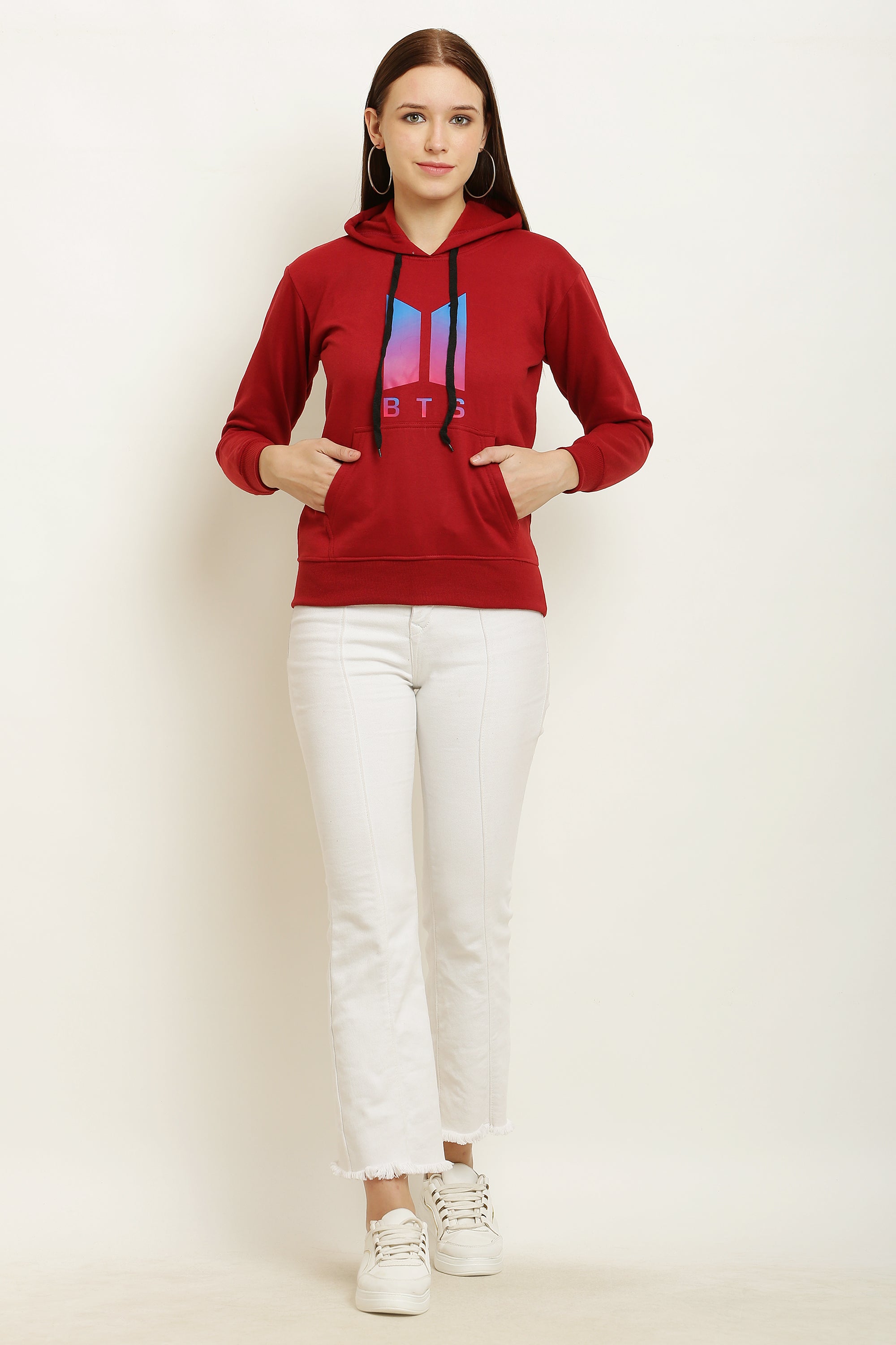 PAVONINE Red Color Bts-Design Pullover Hoodie Sweatshirt For Girls - Distacart